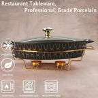 11" x 7.5" Ceramic Oval Casserole Dish with Glass Lid and rack, 40 OZ Serving Soup Tureen,Chafing Dish for Buffet, Family Food preserve Tray, Catering Casserole for Party Style, Black