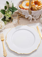 WDF 60pcs Gold Plastic Dinner Plates -10.25inch Baroque White and Gold Wedding Plates Fancy Heavy Duty Fall Plastic Plates for Upscale Thanksgiving Parties & Wedding & Birthday