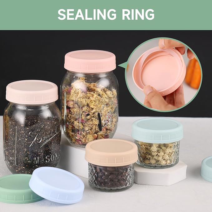 16PCS Colored Plastic Mason Jar Lids With Silicone Rings (8 Wide Mouth & 8 Regular Mouth) for Ball, Kerr and More, Food Grade & Leak-proof, 86mm & 70mm Canning Tops