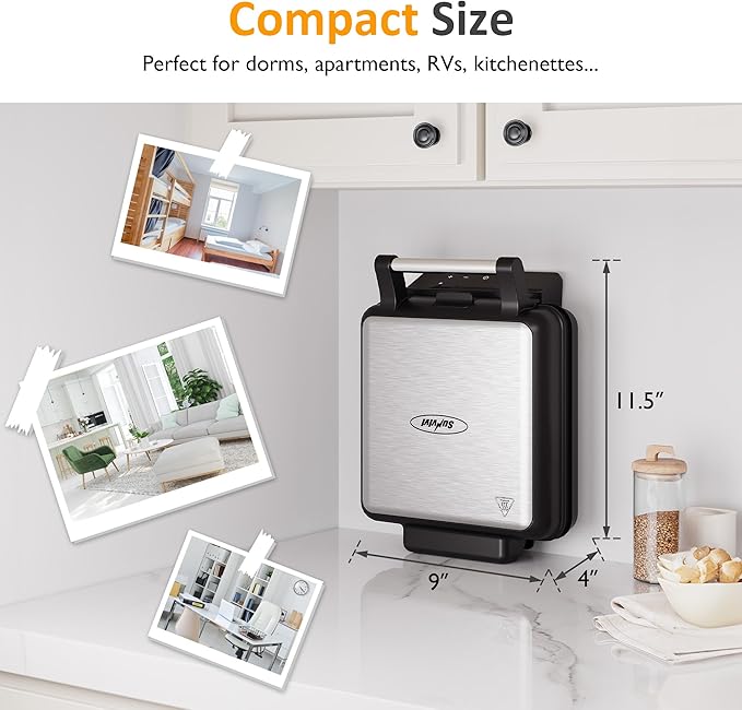 Sunvivi Stainless Steel Waffle Maker 4 Slices with Quick Heat-Up, Time & Temperature Control, LCD Display, Nonstick Surface, Perfect Waffle Iron for Kids and Families, Silver