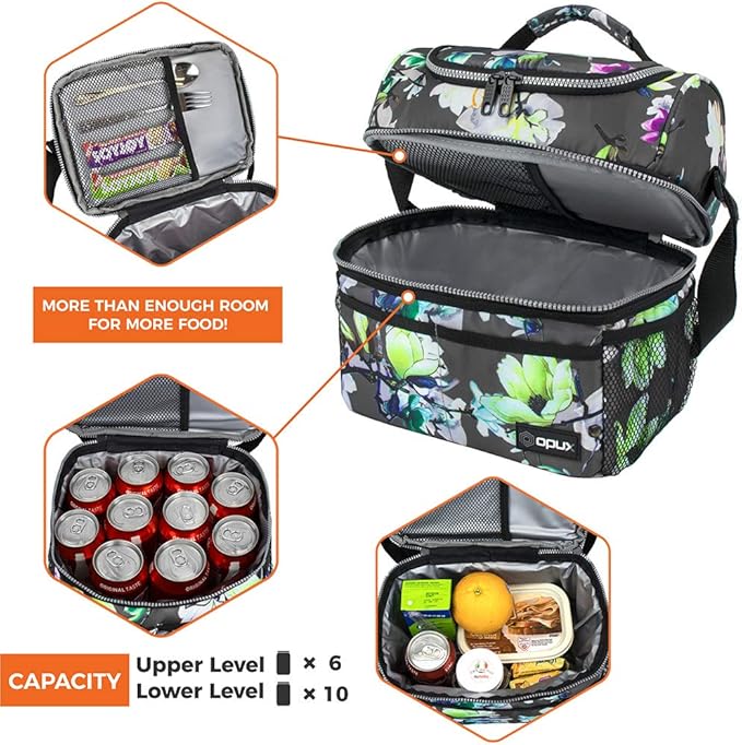 OPUX Lunch Box For Women, Insulated Large Lunch Bag Adult Work, Double Decker Lunchbox Meal Prep, Dual Compartment Leakproof Lunch Cooler, Lunch Pail Tote for Girls Kids School, Floral Gray 16 Cans