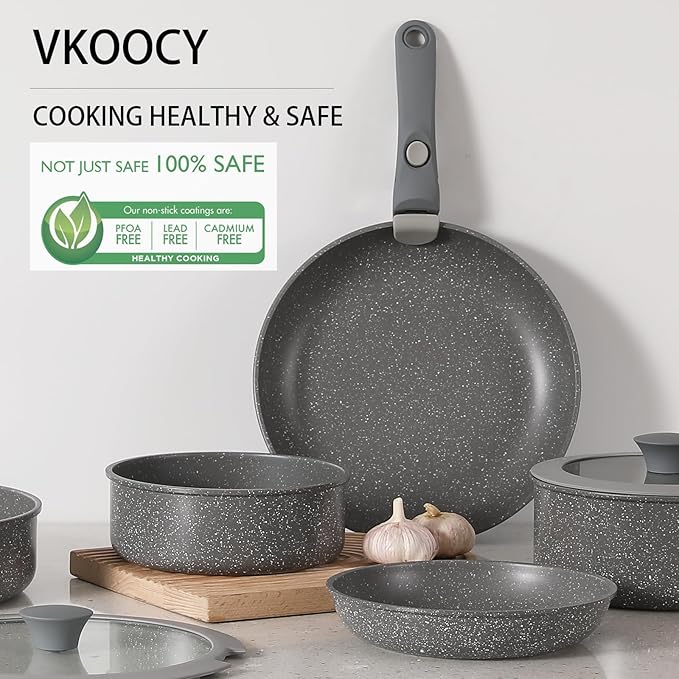 Gray Non Stick Pot and Pan Set with Removable Handle, Ceramic Cookware Set Detachable Handle, 5pcs Induction Kitchen Camping Stackable Pots Pans, Dishwasher/Oven Safe, PTFE/PFAS/PFOA Free