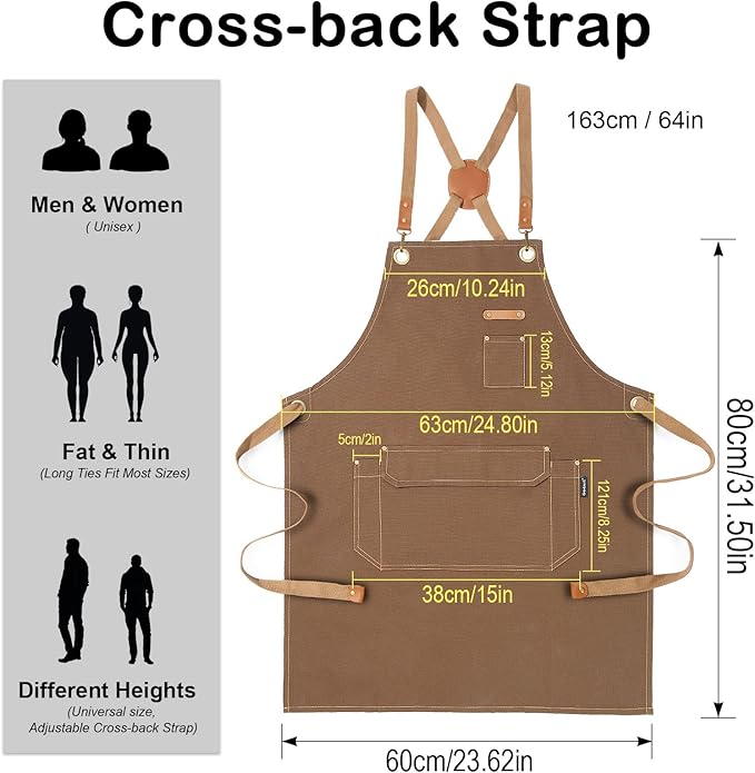 Genixart 6 Bulk Pack Chef Apron for Men Women with Pockets, Cross Back Apron for Kitchen Cooking Baking Artist Painting, Cotton Canvas Work Aprons for Restaurant, Cafe Shop, Garden (Brown, M to XXL)