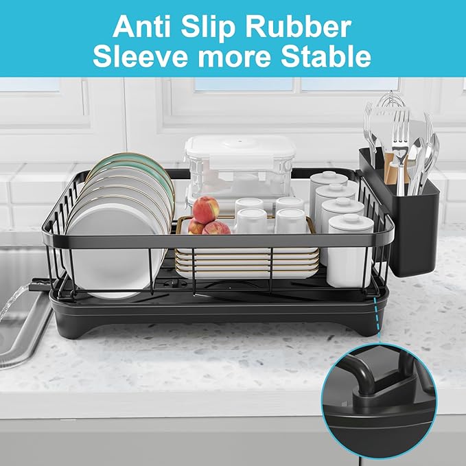 Dish Drying Rack with Drainboard - Space Saving Single Layer Drying Rack,Large Capacity Kitchen Organizer with Utensil Holder & Cutlery Tray, Countertop Dish Drainer Black