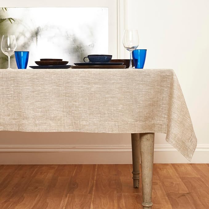Solino Home Linen Tablecloth 90" L x 60" W Inch – 100% Pure Linen Champagne Beige Tablecloth – Machine Washable Rectangle Tablecloth for Holiday Decor – Athena