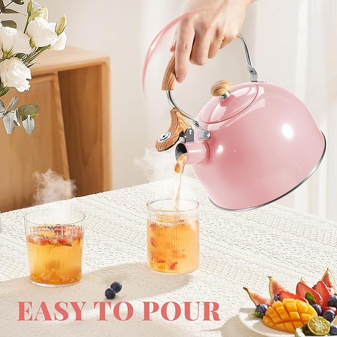 GGC Tea Kettle for Stove Top, 85OZ/2.6QT Whistling Tea Kettles for Boiling Water Milik or Coffee, Pink Stainless Steel Tea Pots with Wood Pattern Folding Handle, Thumb Design Control Kettle Outlet