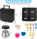 Bento Lunch Box with 9.5 oz Soup Thermo, Kids Leakproof 4 Compartments Bento Box with Silicone Cupcake,Fruit Fork,Spoon and Sauce Cup,Insulated Food Jar for School Travel-Black