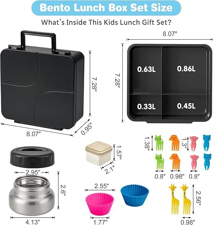 Bento Lunch Box with 9.5 oz Soup Thermo, Kids Leakproof 4 Compartments Bento Box with Silicone Cupcake,Fruit Fork,Spoon and Sauce Cup,Insulated Food Jar for School Travel-Black