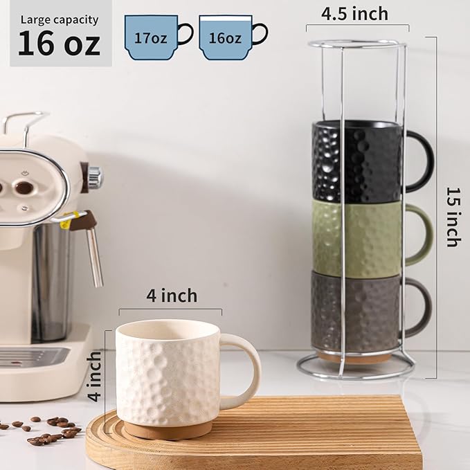 Nihow Ceramic Coffee Mug Set of 4, 16OZ Stackable Coffee Mug Set with Stainless Stand,Large Cup Set for Cappuccino,Tea,Hot/Cold Drinks,Dishwasher & Microwave Safe,Mixing Color