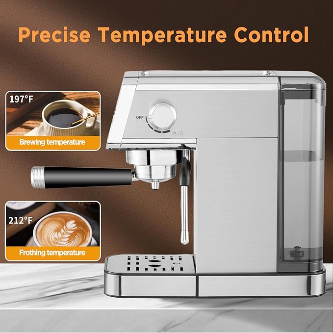 Espresso Machine,20 Bar Semi-Automatic Espresso Maker with Milk Frother,Compact Stainless Steel Coffee Machine with 40oz Removable Water Tank for Cappuccino,Latte, Americano,Sliver for Home