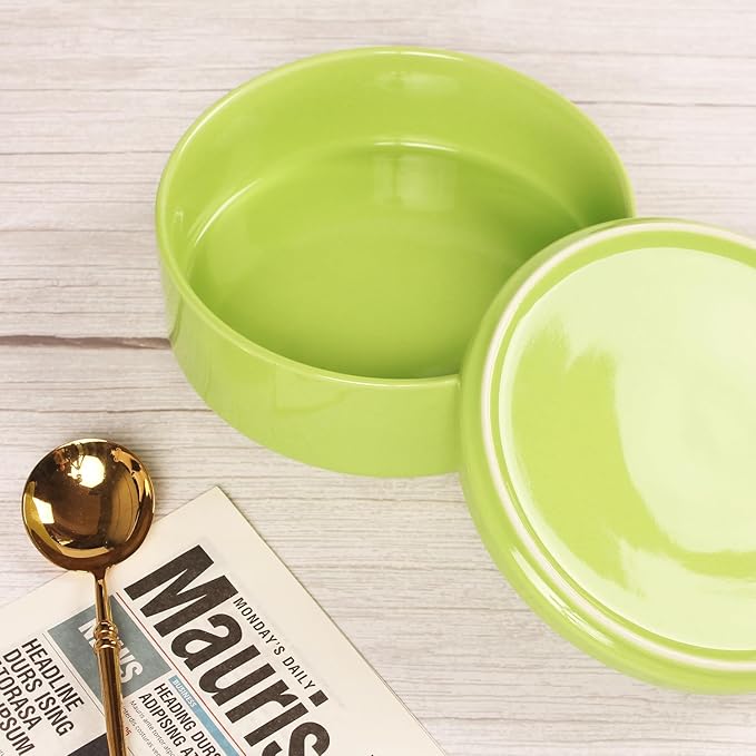 Mini Casserole Dish 23 Ounce French White Ceramic Bakeware Set with Lids, Chip and Crack Resistant Stoneware Baking Dish, Microwave, Dishwasher, Oven, Freezer and Fridge Safe (Green 7.1