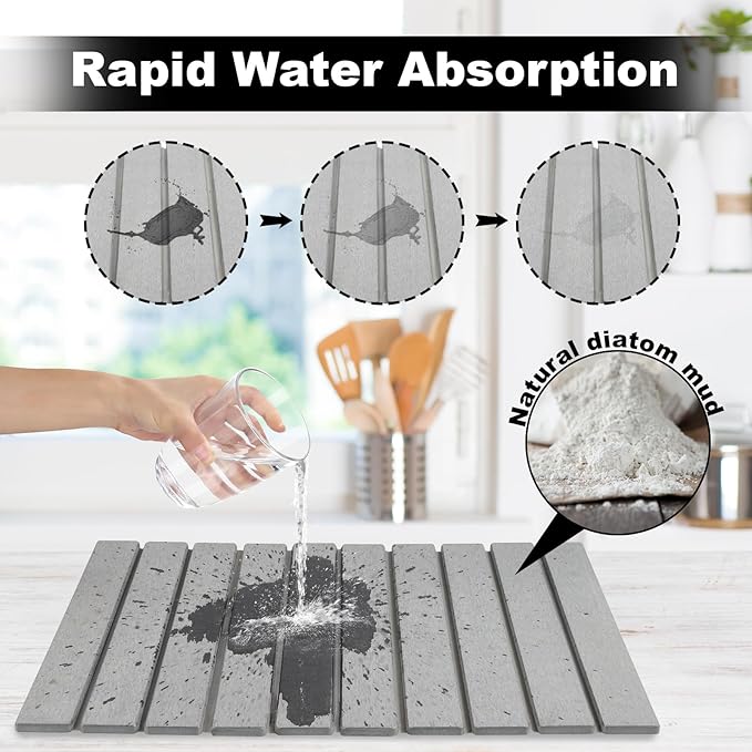 Stone Drying Mat for Kitchen Counter, 23.6"x15.4" Large Dish Drying Mat with 2 Pack Absorbent Stone Coasters 1 Seasoning Pad Quick Dry Dish Drying Mats for Kitchen Counter, Grey