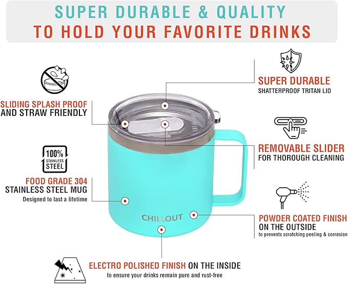 CHILLOUT LIFE Stainless Steel 16 oz Vacuum Insulated Coffee Mug with Handle and Lid, Large Thermal Camping Coffee Mug Cup with Durable Sliding Lid for Men & Women, Keeps your Beverages Hot/Cold
