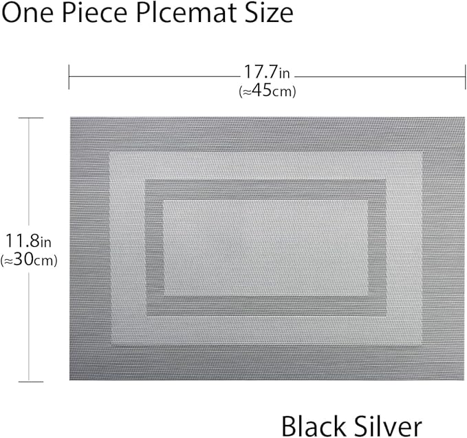 PIGCHCY Placemats Set of 6,Washable Woven Place Mats Vinyl Table Mats Non Slip Placemats Heat Resistant Durable Placemats for Dining Table (Silver Black)