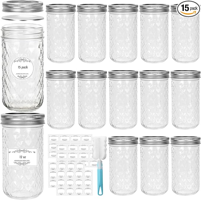 12 oz Glass Mason Jars, 15 Pack Regular Mouth Glass Canning Jars with Silver Aluminum Lids and Bands, Airtight Jam Jars for Food Storage, Pickling, Fermenting, Honey, Jelly, DIY Candles Decor