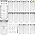 12 oz Glass Mason Jars, 15 Pack Regular Mouth Glass Canning Jars with Silver Aluminum Lids and Bands, Airtight Jam Jars for Food Storage, Pickling, Fermenting, Honey, Jelly, DIY Candles Decor