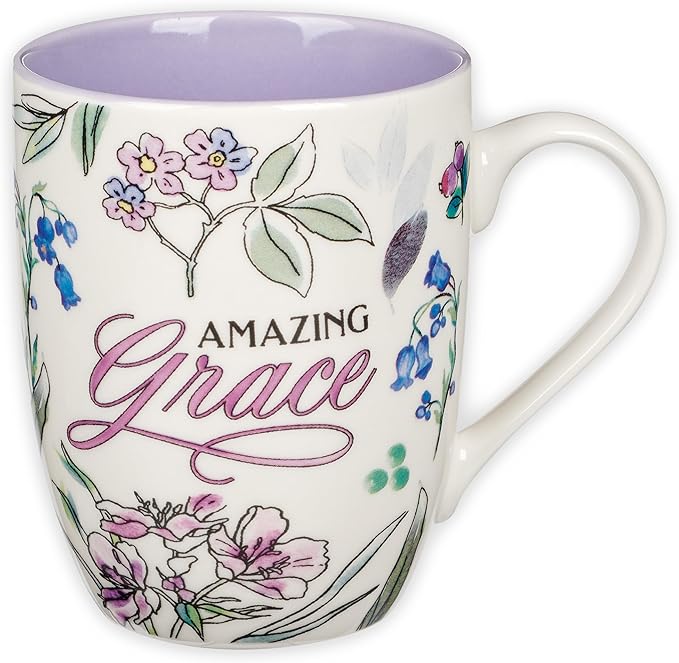 Christian Art Gifts Inspirational Ceramic Coffee & Tea Mug for Women: Amazing Grace, Cute Encouraging Lead-free Microwave & Dishwasher Safe Drinkware, White & Lavender Purple Multicolor Floral, 12 oz.