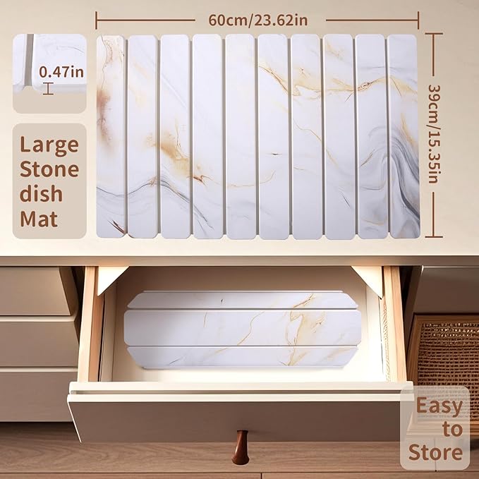 Coolcandy 24x16" Large Stone Dish Drying Mat, Quick Drying Mat Kitchen Counter, Foldable Kitchen Drying Mat, Diatomaceous Earth Stone Drying Mat, Collapsible Dish Mat Kitchen Mat For Drying