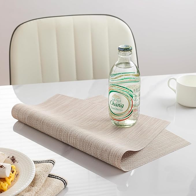 LEXMORE PVC Woven Placemats 4 PCS Wipeable Indoor/Outdoor Table Mats Washable Vinyl Place Mats for Dining Table, Set of 4-Beige