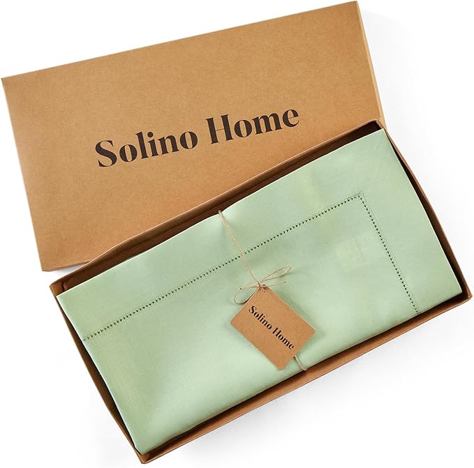 Solino Home Linen Tablecloth 52 x 52 Inch - 100% Pure Linen Light Green Square Tablecloth - Classic Hemstitch, Machine Washable Table Throw for Summer