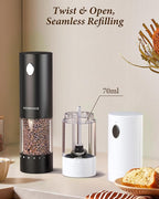 Electric Salt and Pepper Grinder Set - Automatic Refillable Salt and Pepper Grinders with Charging Base & LED Light, 6-Level Adjustable Coarseness with External Dial, Ideal Kitchen Gadget，Black& White
