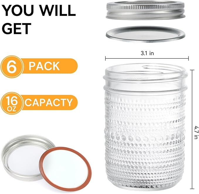 Mason Jars 16 Oz with Lids 6 Packs, Wide Mouth Mason Jars, Glass Canning Jars with Airtight Lids for Pickling, Fermenting, Storing, Canning, Home Decor, Salad Jam and DIY Crafts