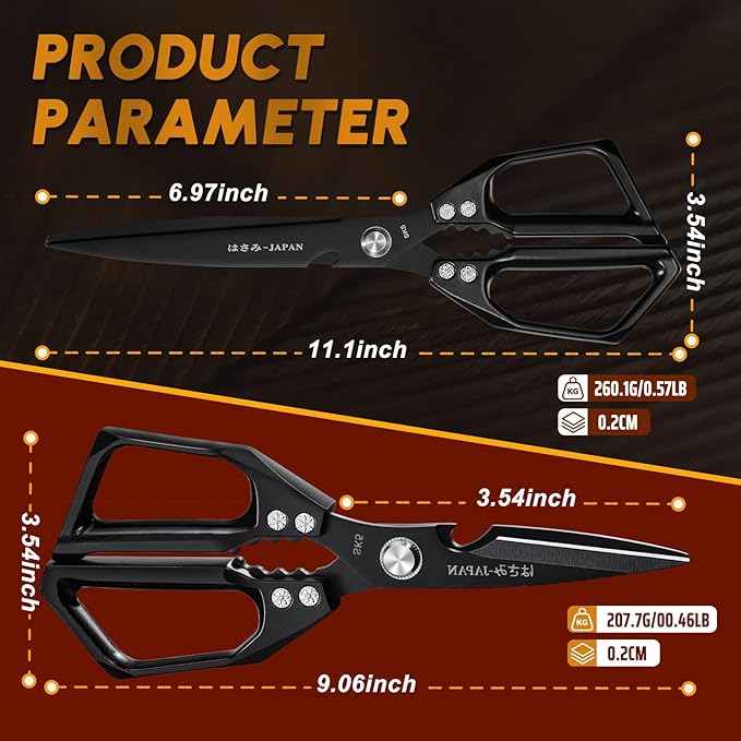 HUUSK Kitchen Scissors Set Black - Upgraded Stainless Steel Kitchen Shear, Sharp Meat Scissors, Heavy Duty Poultry Shears, Japanese Cooking Scissor for Food, Chicken Bones, and Turkey, Dishwasher Safe