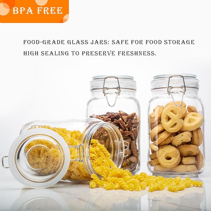 50oz Square Glass Food Storage Jars with Airtight Clamp Lids, 3 Pack Large Kitchen Canisters for Flour, Cereal, Coffee, Pasta and Canning, Mason Jar (Clear 50oz Square - 3 sets)