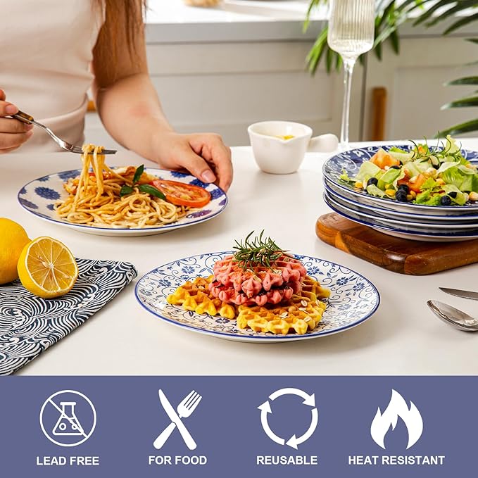 Ceramic Salad Plates Set - 8.5 Inch Small Round Dessert Dishes for Kitchen Dinner Pasta Appetizer Sandwich - Scratch Resistant Porcelain Microwave Oven Dishwasher Safe - Set of 6 - Vintage Blue