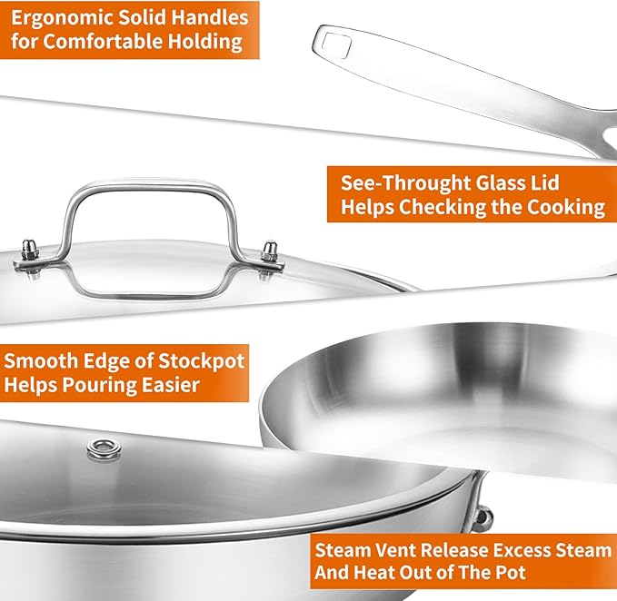 DELARLO Tri-ply Stainless Steel Frying Pan Set with Lid 10" 12" large Skillets Induction Chef's Pan,Pots and Pans Set Kitchen Cookware Set Dishwasher and Oven Safe