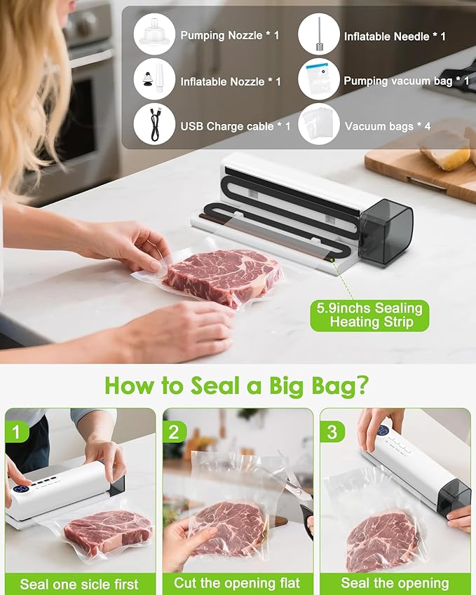 Small Magnetic Vacuum Sealer for Food, 62 Kpa Strong Suction, 3-in-1 Cordless Rechargeable Food Sealer with 1 Vacuum Bag & 4 Snack Bags, Heat Sealer, Inflation Pump for Balls/Swim Ring - White