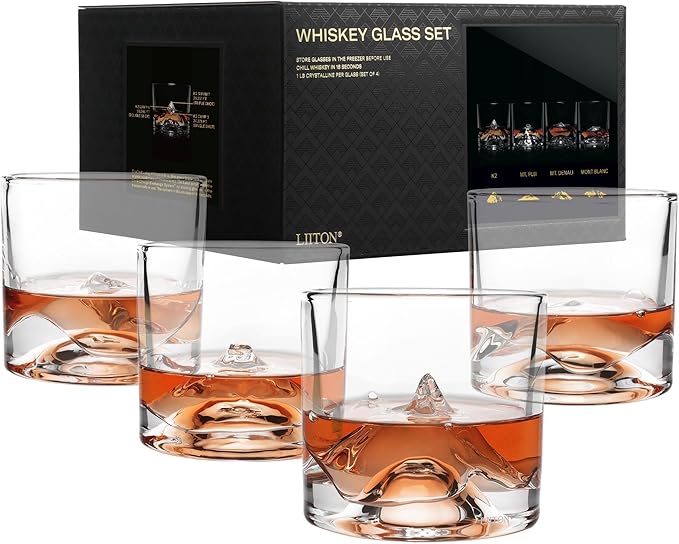 LIITON The Peaks Heavy Crystal Whiskey Glasses Gift Set of 4, Thick Freezable Bourbon Glass 1lb Each, Premium Whiskey Gifts for Men, Frozen Crystal Chills Cocktails, 10 oz