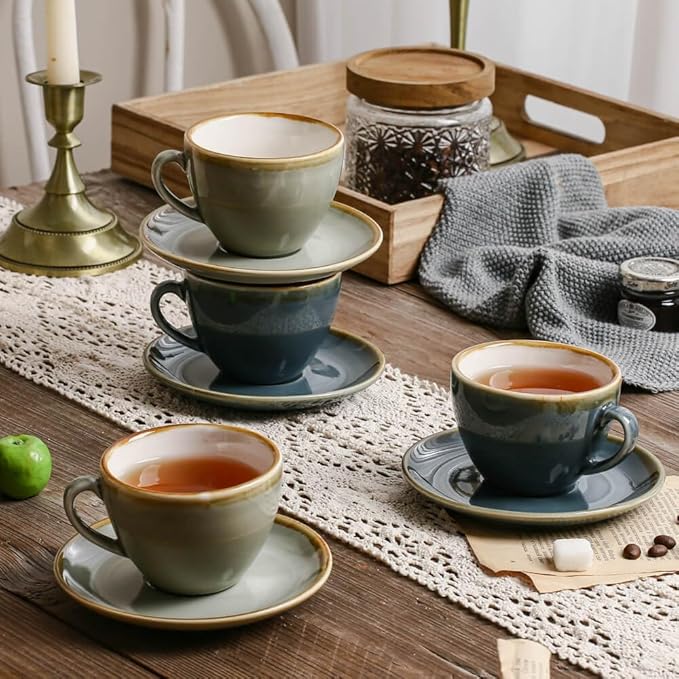 SHUER Ceramic Cappuccino Cup Set of 4, 7.8 OZ Cups and Saucers Set,Coffee Mocha Cup Sets,Black Coffee Cups and Glaze Americano Mugs Great for Party and Low Tea Time (Blue 220ml)