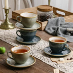 SHUER Ceramic Cappuccino Cup Set of 4, 7.8 OZ Cups and Saucers Set,Coffee Mocha Cup Sets,Black Coffee Cups and Glaze Americano Mugs Great for Party and Low Tea Time (Blue 220ml)