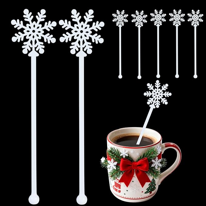 30pcs Snowflake Drink Stirrers Christmas Plastic Swizzle Sticks Beverage Winter Stir Sticks Reusable Coffee Cocktail Stirrers Bar Supplies for Cocktail Xmas Party Decor Winter Holiday Cocoa Bar