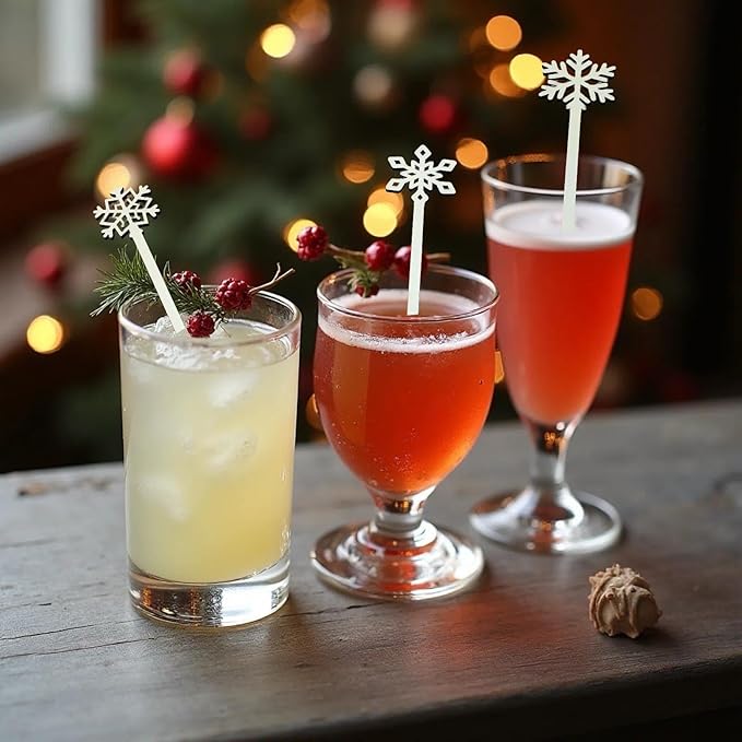 60 Pcs Snowflake Drink Stirrers Bulk, 5.9 Inch Wooden Cocktail Picks with 3 Unique Snowflake Designs, Bamboo Toothpicks for Appetizers, Coffee Bar, Beverages, Winter Christmas Party Supplies