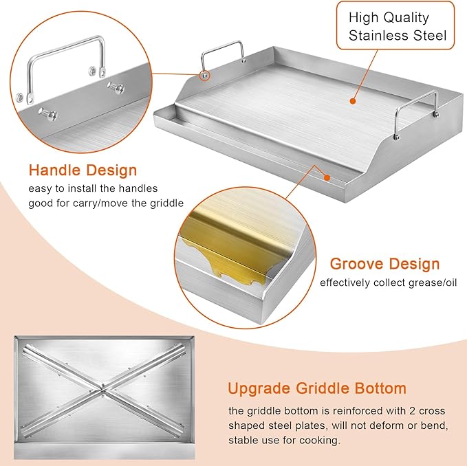 GasSaf Universal Stainless Steel Griddle for Gas Grills and Gas Stove, 18 x 12.5 Griddle Plate for Outdoor Camping, Tailgating, Parties, Flat Plate for Weber Chargriller Charbroil and More Grills