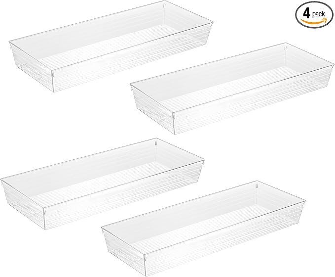 Backerysupply 4 Pack Storage Bins For Bathroom Cosmetic Makeup Vanity Clear Plastic Desk Drawer Organizers Tray Kitchen Utensils Silverware Dividers 15"x6"x2"