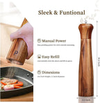 2 Pack 10 Inch Acacia Wooden Salt and Pepper Grinder Set, Manual Salt and Pepper Mills, Salt Grinder Refillable with Adjustable Coarseness, Ceramic/Stainless Steel Core Tableware Gifts