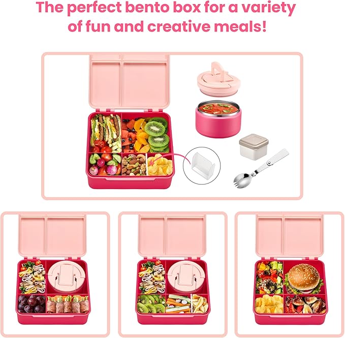 Bento Lunch Box with 8oz Soup Thermo,Kids Leakproof 4 Compartment Lunch Food Containers with Sauce Cup and Ice Pack,Kids Thermo Insulated Hot Food Jar and Lunch Bag for School,Trvael-Pink