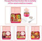 Bento Lunch Box with 8oz Soup Thermo,Kids Leakproof 4 Compartment Lunch Food Containers with Sauce Cup and Ice Pack,Kids Thermo Insulated Hot Food Jar and Lunch Bag for School,Trvael-Pink