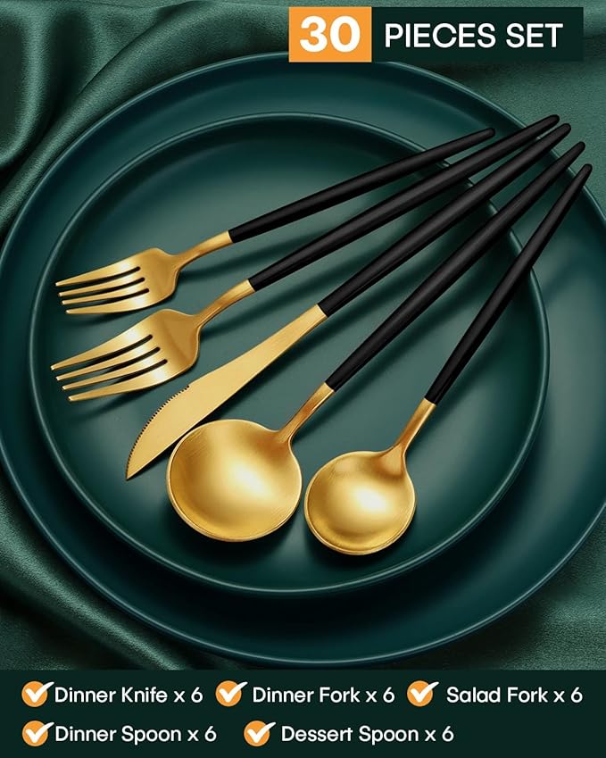 EUIRIO 30-Piece Silverware Set for 6, Stainless Steel Flatware Set Matte Black Gold, Modern Brushed Thick Cutlery Set with Spoons Forks and Knives, Utensil Set for Home Kitchen Hotel, Dishwasher Safe
