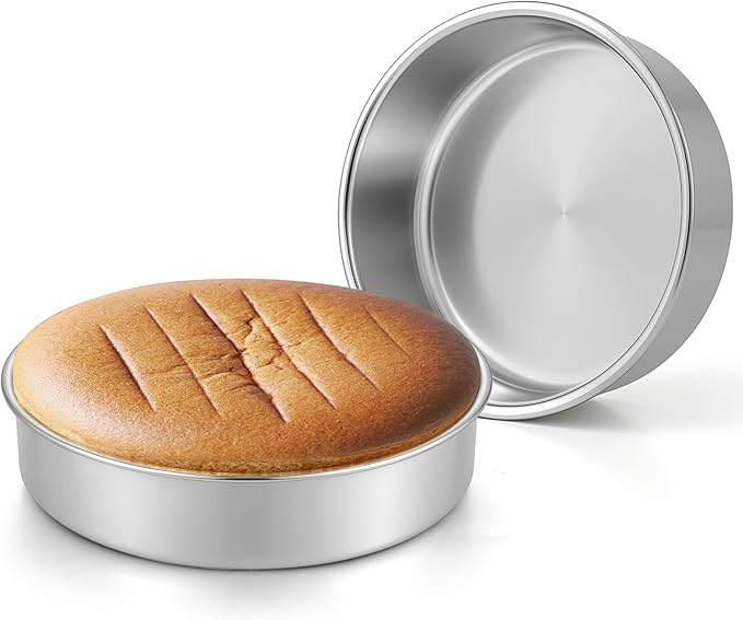 Leonyo 8Inch Round Cake Pans 2 Pack, Stainless Steel Circle Layer Cake Baking Pans Set, Metal Round Baking Tins for Wedding Party, Dishwasher Oven Safe