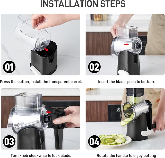 VEKAYA Cheese Grater, Cheese Grater Hand Crank, 4 Interchangeable Blades Cheese Shredder, Vegetable Slicer, Non-slip Suction Base, Easy to Clean Rotary Grater with Handle (Black)