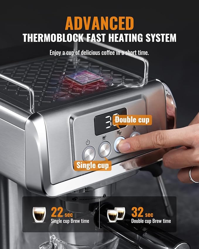 SHARDOR 20-Bar Espresso Machine for Home Barista, Built-In Steam Wand for Latte & Cappuccino, Stainless Steel Coffee Maker with Temp Display, 1350W, 60oz Water Reservoir