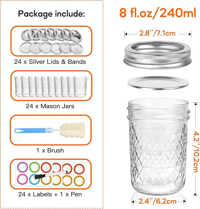 8oz mason jars with Silver Lids&Bands 24Pack and Stickers, Small Mason Jars 8 oz - Half Pint Canning Jars 8oz Glass Jars with Lids for Oats/Jelly/Jams/Crafts/Candles