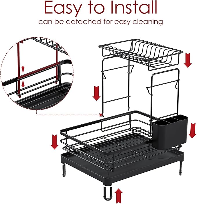Dish Drying Rack - X-Large Stainless Steel Dish Rack for Kitchen Counter, 2-Tier Kitchen Organizers and Storage for Dishes, Bowls, Cutlery, Black