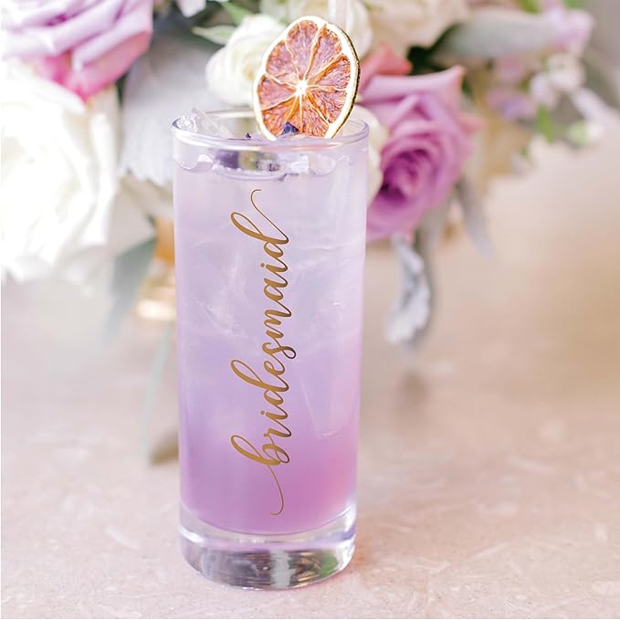 LADY&HOME Bachelorette Party Decorations Highball Glasses,13oz Tall Glass Cups,Bridesmaid Gifts Bridal Shower Gifts Gold Embossed,1 Count(Bridesmaid)