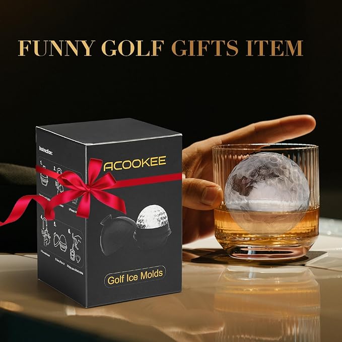 Novelty Golf Ball Ice Maker Mold Set of 2, Funny Golf Gifts for Men Golfers, Golf Accessories for Men, 2.5" Large Sphere Round Whiskey Ice Cube Molds for Bourbon, Cocktails