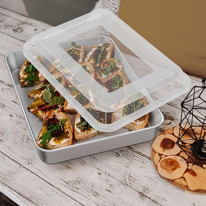 Leonyo Baking Pan with Lid Set of 2, 12⅓ x 9¾ x 2 Inch Rectangular Cake Pan, Refrige & Oven Safe Stainless Steel Deep Lasagna Pan Tray for Focaccia, Bread, Brownies, Casseroles